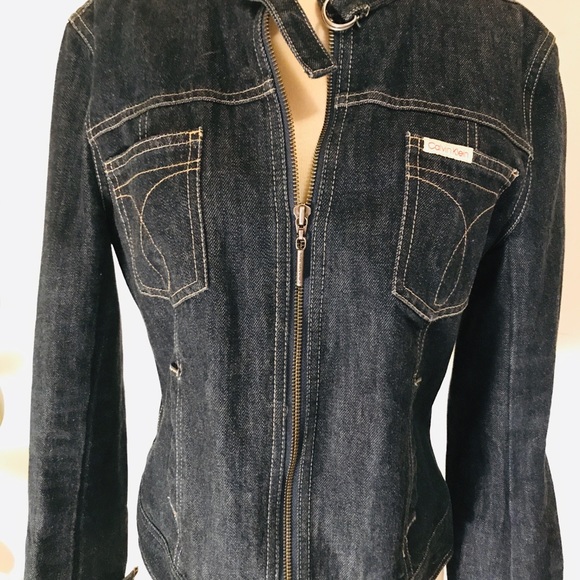 Dark Denim Calvin Klein Jean Jacket Buckle Collar - Picture 3 of 8